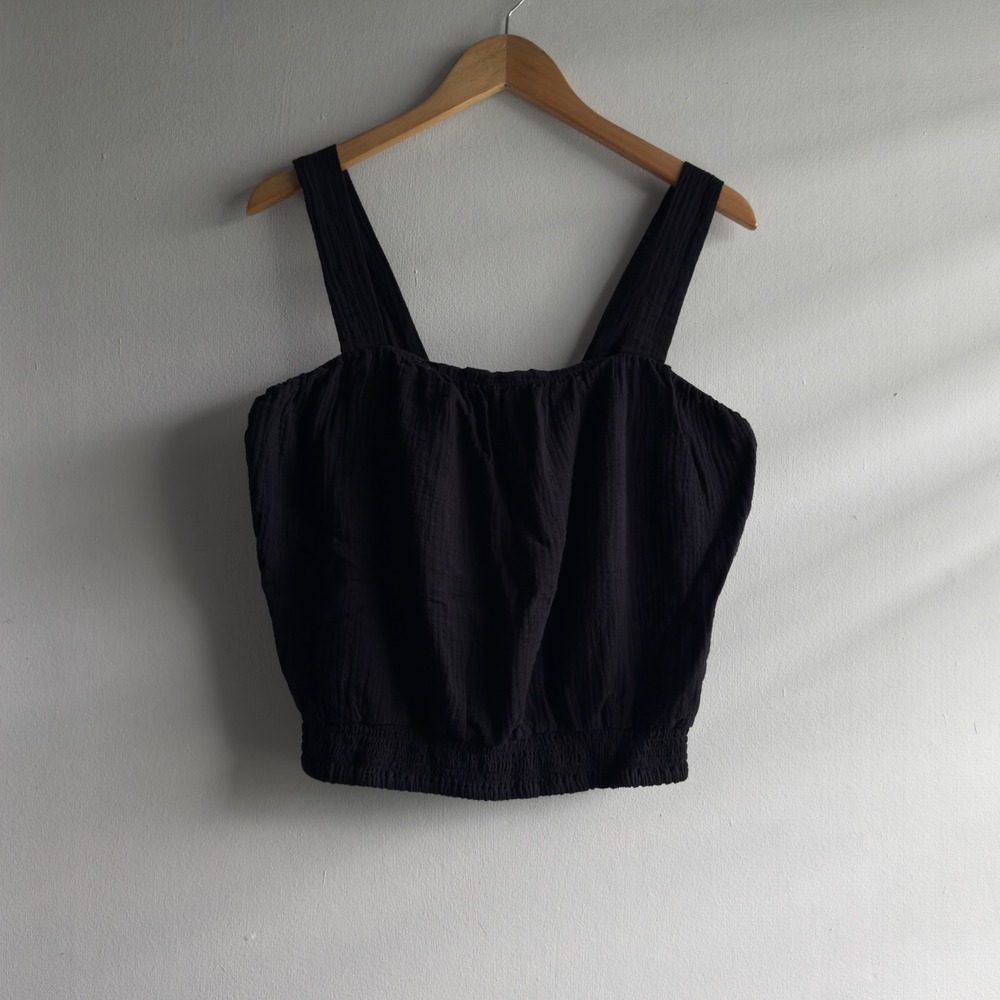 Ava Sky Fighting Eel Cotton Gauze Smocked Tank Women Large Black Coastal Boho